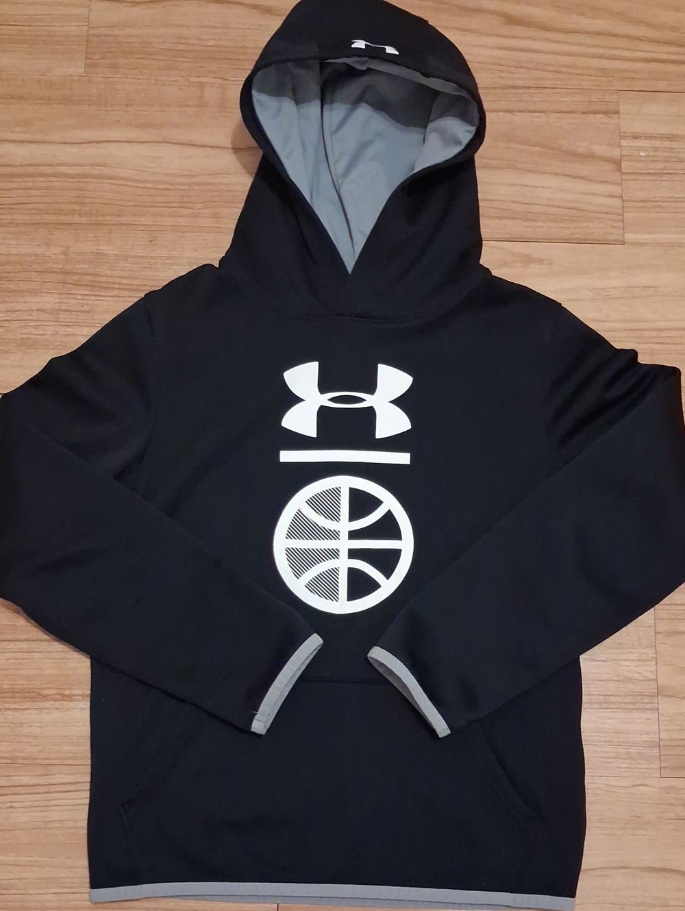 Boys Under Armour Black Pullover Hoodie with White Basketball Logo